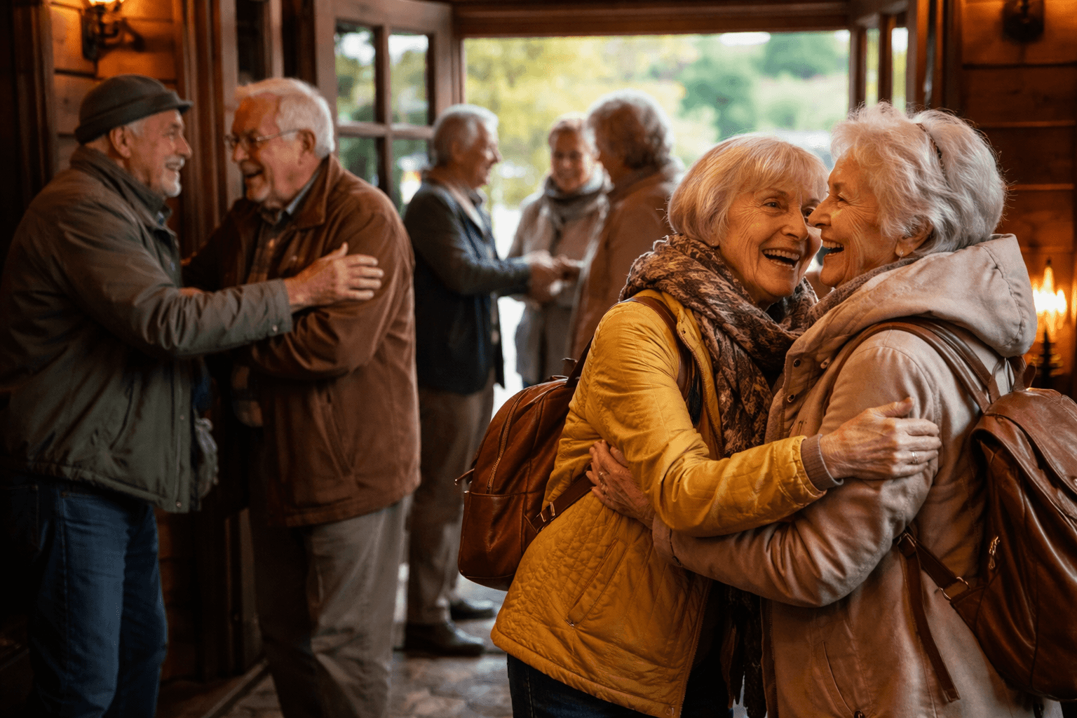 Ouderen die rustig samen arriveren en elkaar begroeten